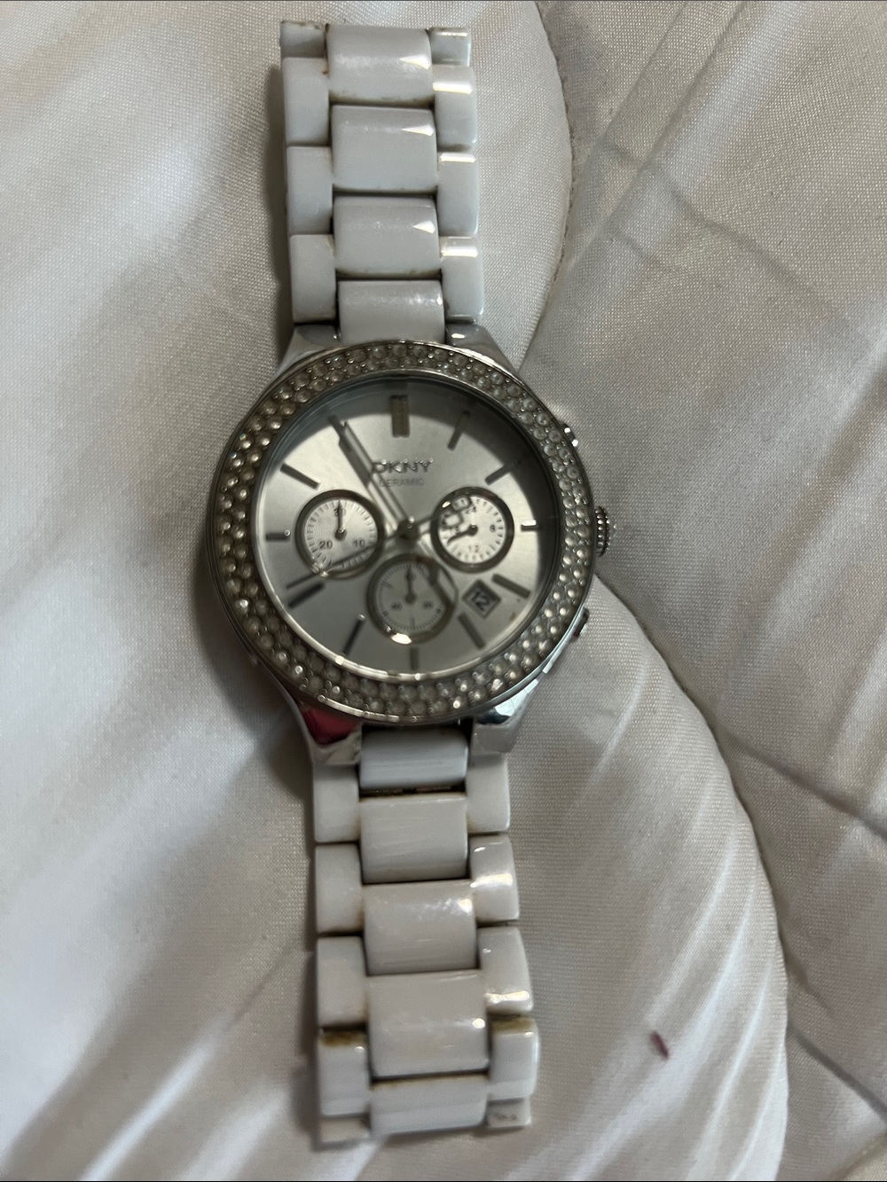 DKNY White Ceramic Watch with Crystal Bezel